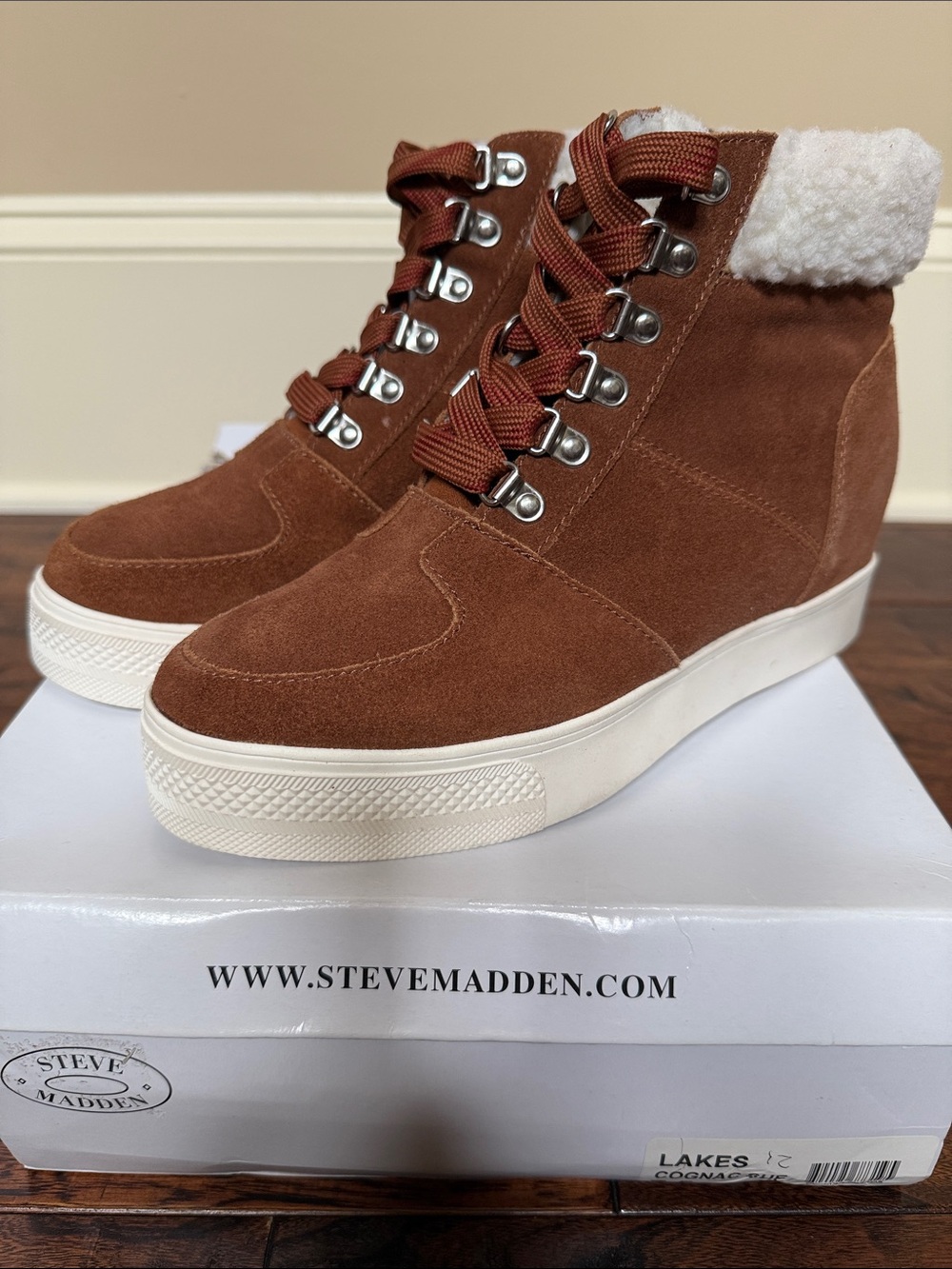 Steve Madden Cognac Suede Wedge Sneaker with Faux Shearling Collar